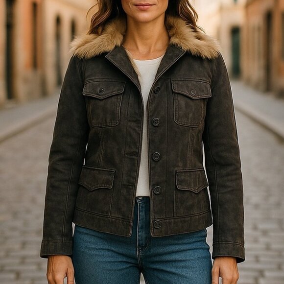 BernardoGenuine Leather Jacket Fur Collar Finn Raccoon L Brown Women's VTG Luxe - Picture 1 of 10